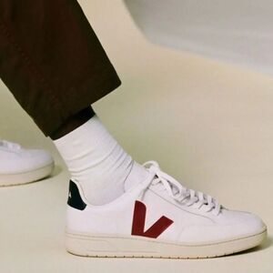 Veja V-12 Retro Low Top Leather Sneakers ~Extra White Marsala Nautico Size 11.5